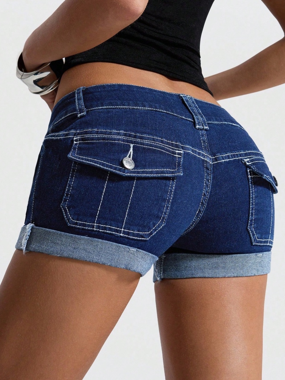 SHEIN Dark Blue Rolled-Hem Denim Shorts Utility Cargo Pockets